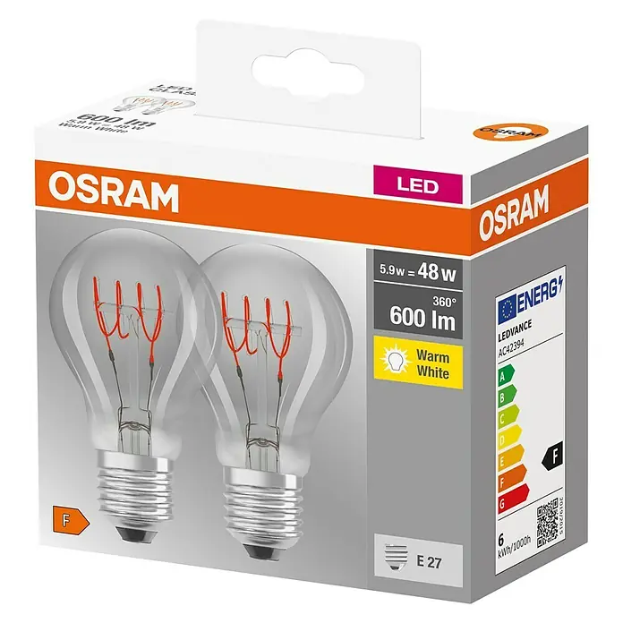 Osram LED-Leuchtmittel True Filament Classic A - E27, 5,9 W, 600 lm, 2 Stk., Klar - Diagonale Ansicht