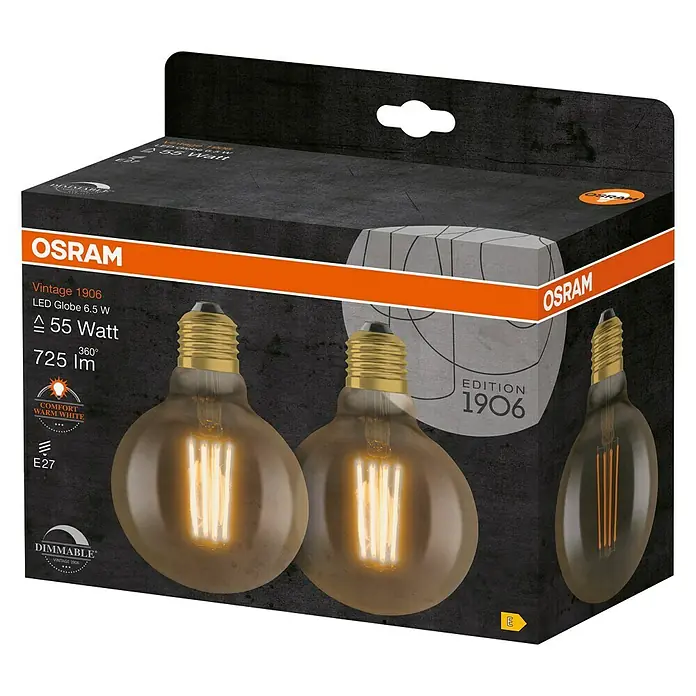 Osram Vintage 1906 LED-Leuchtmittel Globe Filament - E27, 6,5 W, G95, 725 lm - Diagonale Ansicht
