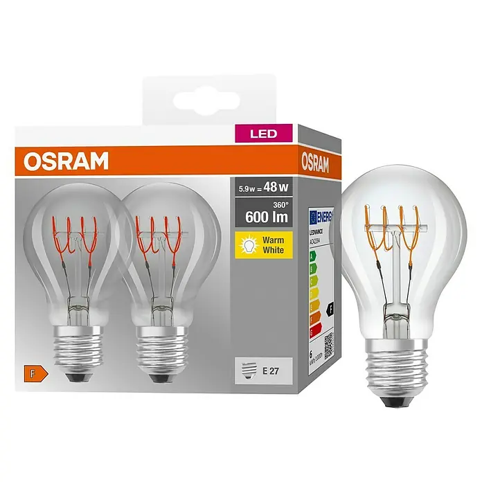 Osram LED-Leuchtmittel True Filament Classic A - E27, 5,9 W, 600 lm, 2 Stk., Klar - Diagonale Ansicht