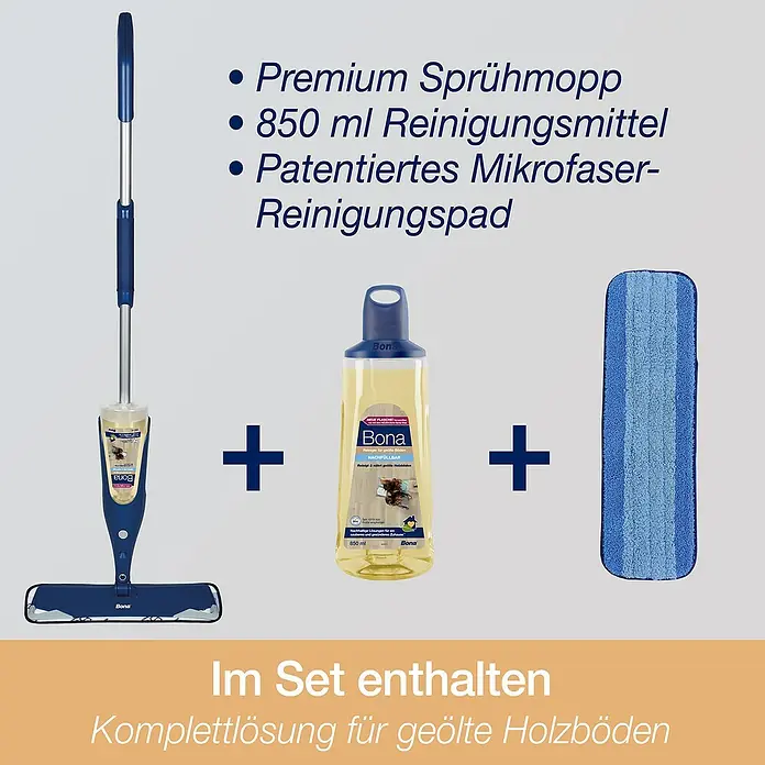 Bona Spray Mop für geölte Holzfußböden - 1 x Spray Mop, 1 x nachfüllbare Kartusche mit 850 ml Reinigungsmittel, 1 x Microfaser-Reinigungspad - Informationsansicht