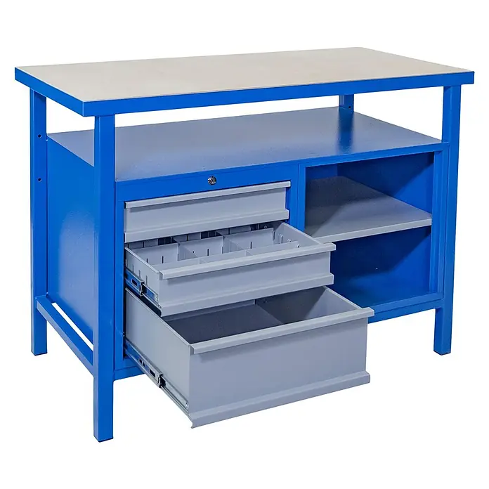 Güde Werkbank P 1200 SL - L x B x H: 60 x 119 x 85 cm, Anzahl Schubladen: 3 Stk., Blau/Grau - Diagonale Ansicht
