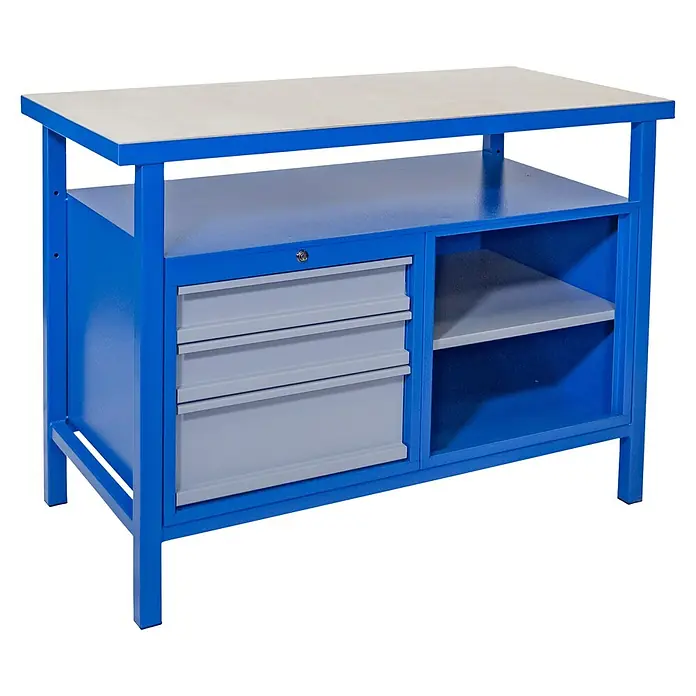 Güde Werkbank P 1200 SL - L x B x H: 60 x 119 x 85 cm, Anzahl Schubladen: 3 Stk., Blau/Grau - Diagonale Ansicht