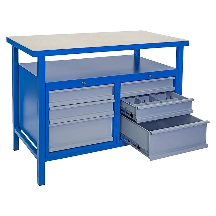 Güde Werkbank P 1200 SS - L x B x H: 60 x 119 x 85 cm, Anzahl Schubladen: 6 Stk., Blau/Grau - Diagonale Ansicht