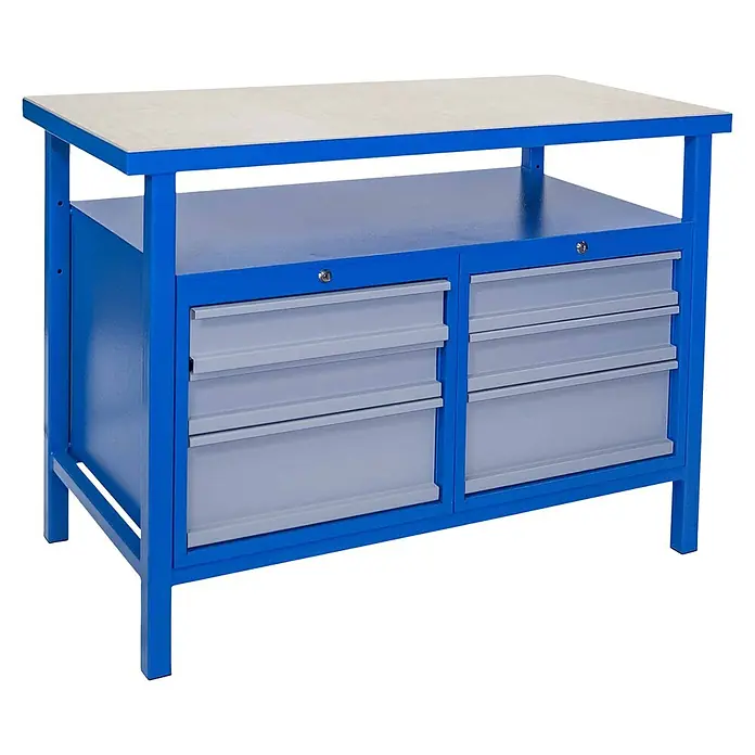 Güde Werkbank P 1200 SS - L x B x H: 60 x 119 x 85 cm, Anzahl Schubladen: 6 Stk., Blau/Grau - Diagonale Ansicht