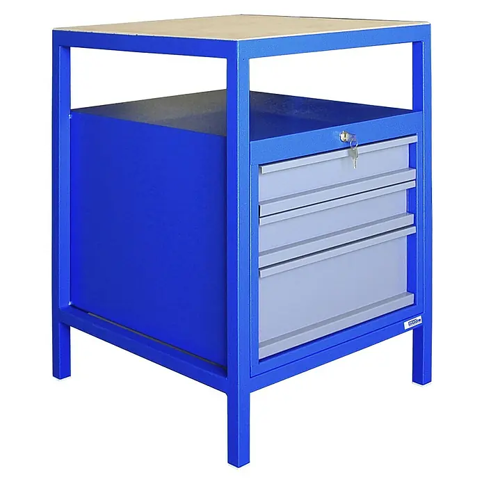 Güde Werkbank P 600 S - L x B x H: 60 x 57 x 85 cm, Anzahl Schubladen: 3 Stk., Blau/Grau - Diagonale Ansicht