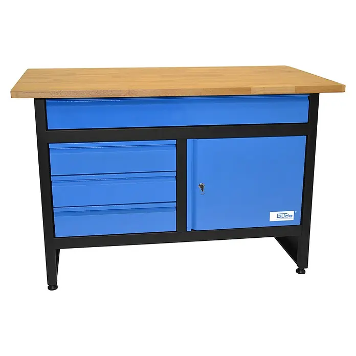 Güde Werkbank GW 3/1 - L x B x H: 60 x 120 x 85 cm, Anzahl Schubladen: 4 Stk., Blau/Schwarz - Diagonale Ansicht
