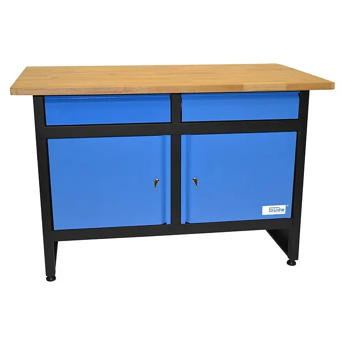 Güde Werkbank GW 2/2 - L x B x H: 60 x 120 x 85 cm, Anzahl Schubladen: 2 Stk., Blau/Schwarz - Diagonale Ansicht