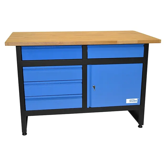 Güde Werkbank GW 5/1 - L x B x H: 60 x 120 x 85 cm, Anzahl Schubladen: 5 Stk., Blau/Schwarz - Diagonale Ansicht