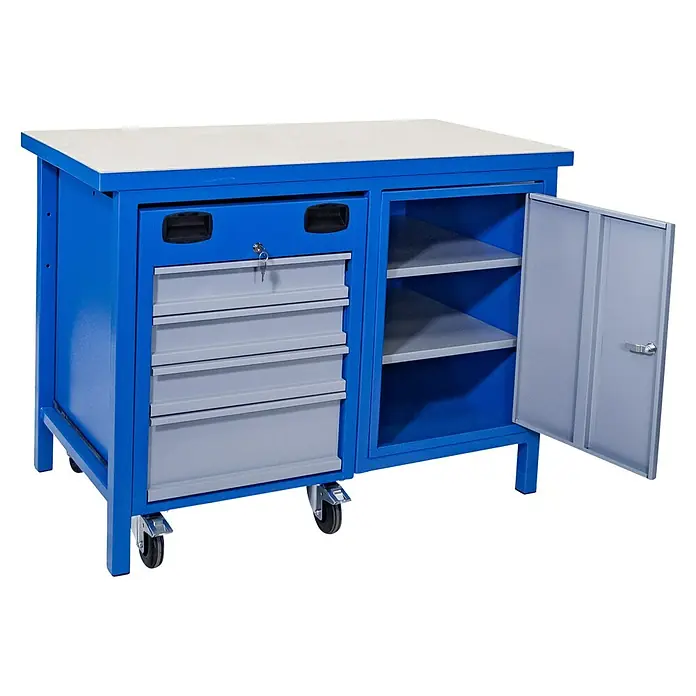 Güde Werkbank 1200 SLT Multi - L x B x H: 60 x 119 x 85 cm, Anzahl Schubladen: 4 Stk., Blau/Grau - Diagonale Ansicht