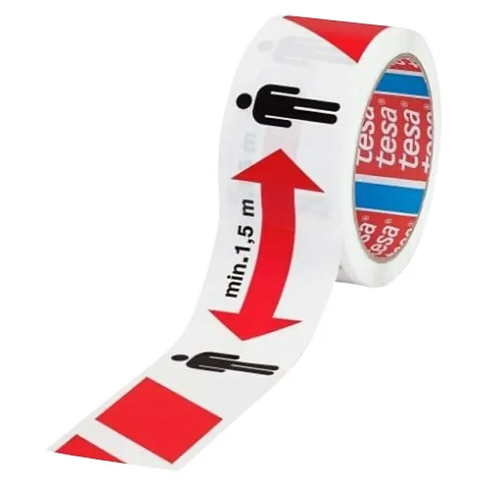 Cinta de señalización Distancia social - L x An: 50 m x 50 mm, Rojo/Blanco - Vista angular