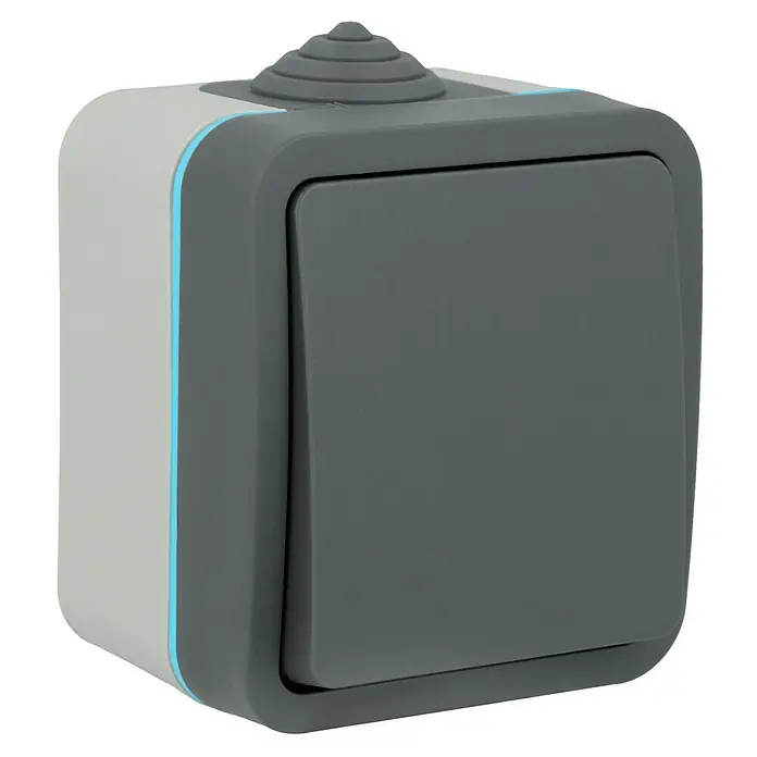 Voltomat Blueline Feuchtraum-Wechselschalter - Grau, Aufputz, IP54 - Diagonale Ansicht