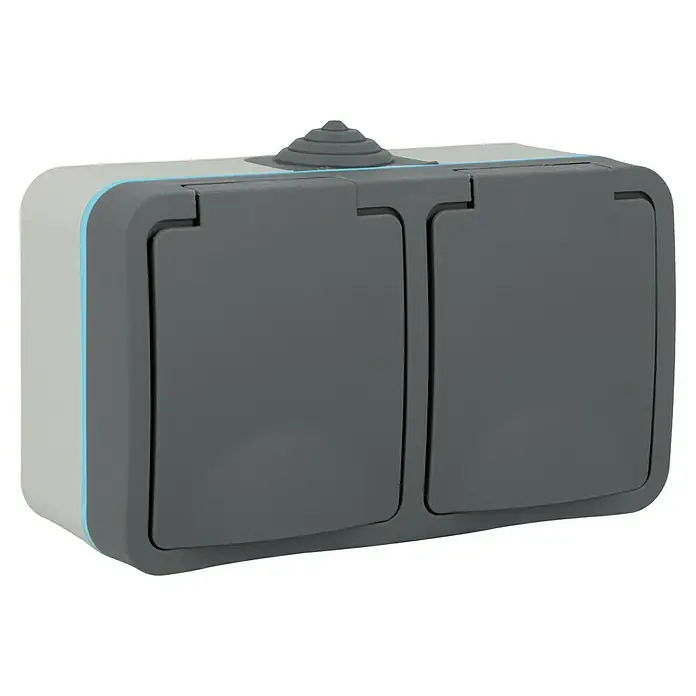 Voltomat Blueline Feuchtraum-Steckdose - 2-fach, Waagerecht, Aufputz, IP54, Grau - Diagonale Ansicht