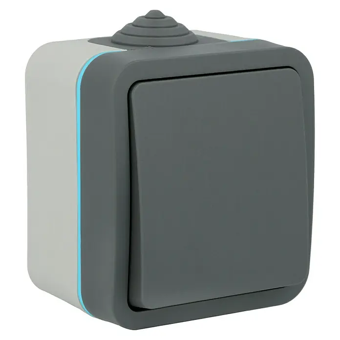 Voltomat Blueline Feuchtraumtaster - Grau, Aufputz, IP54 - Diagonale Ansicht