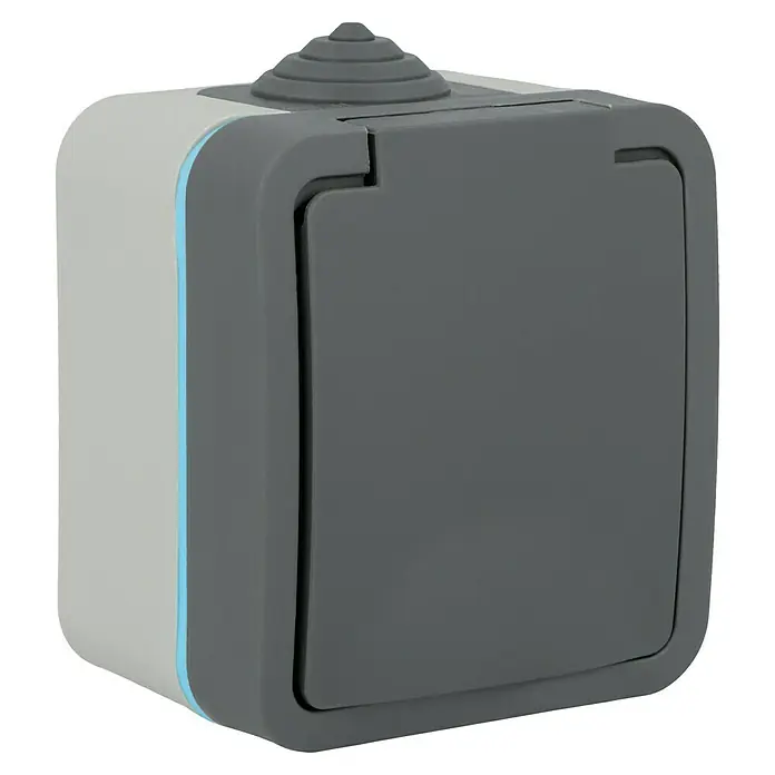 Voltomat Blueline Feuchtraum-Steckdose - 1-fach, Senkrecht, Aufputz, IP54, Grau - Diagonale Ansicht