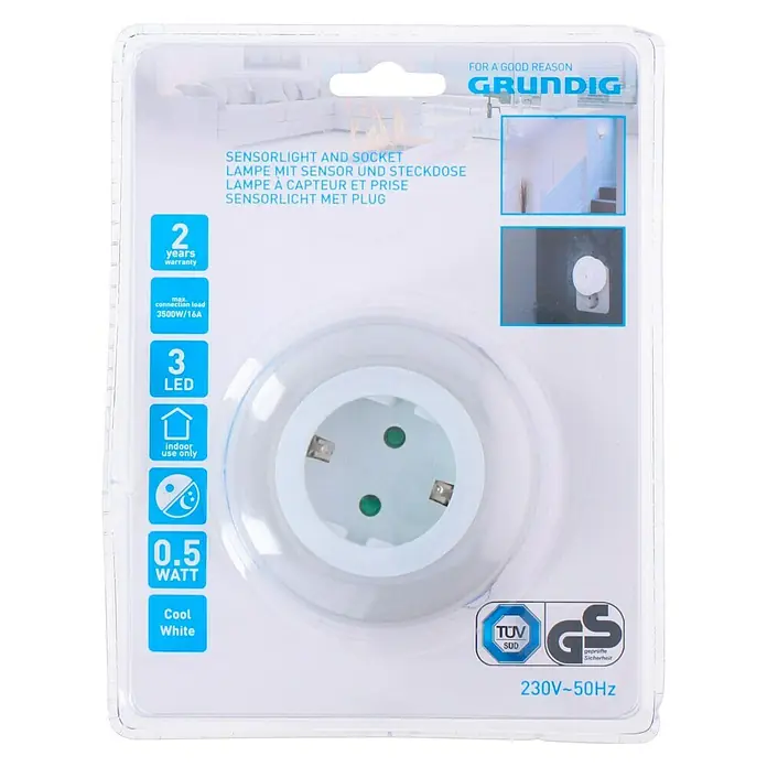 Luz de noche LED con sensor y enchufe - L x An x Al: 7,2 x 8,2 x 8,2 cm, Blanco frío - Vista frontal
