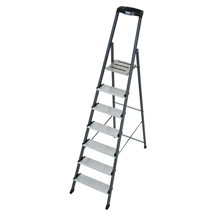 Krause Monto Stufenstehleiter Securo - Aluminium, 7 Stufen, Arbeitshöhe: 3,5 m - Diagonale Ansicht