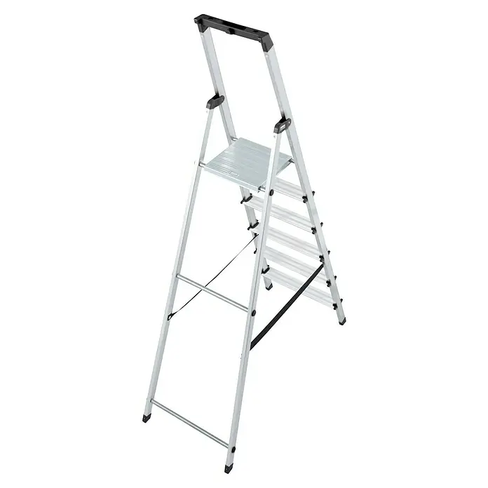 Krause Monto Stufenstehleiter Solidy - Arbeitshöhe: 3,05 m, 5 Stufen, Aluminium, Eimerhaken - Diagonale Ansicht