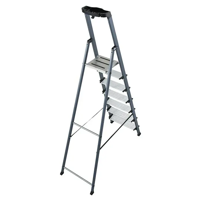 Krause Monto Stufenstehleiter Securo - Aluminium, 7 Stufen, Arbeitshöhe: 3,5 m - Diagonale Ansicht