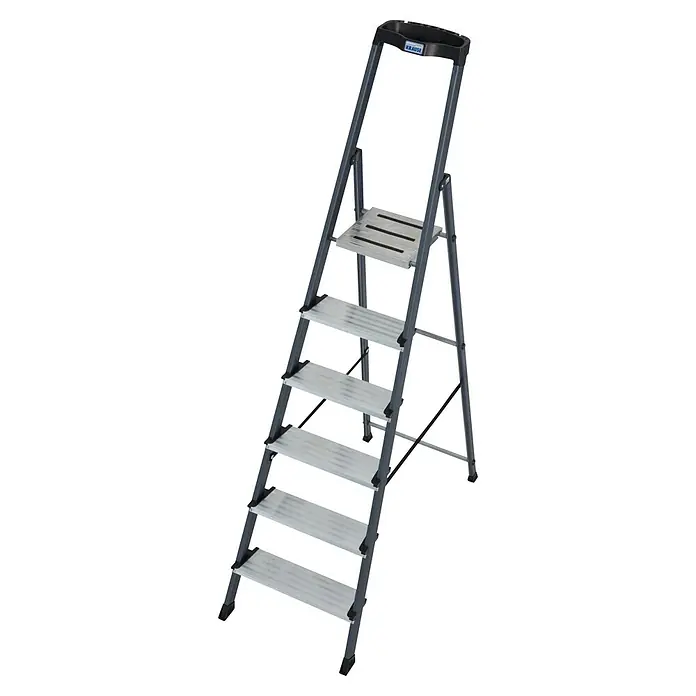 Krause Monto Stufenstehleiter Securo - Aluminium, 6 Stufen, Arbeitshöhe: 3,25 m - Diagonale Ansicht