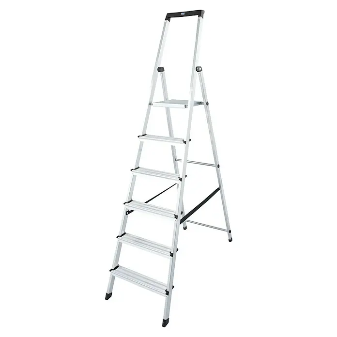 Krause Monto Stufenstehleiter Solidy - Arbeitshöhe: 3,25 m, 6 Stufen, Aluminium, Eimerhaken - Diagonale Ansicht