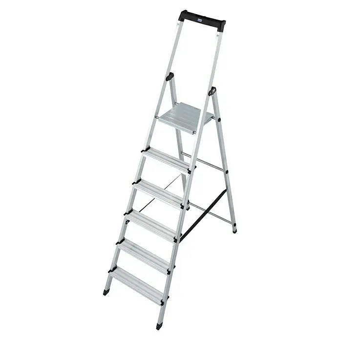 Krause Monto Stufenstehleiter Solidy - Arbeitshöhe: 3,25 m, 6 Stufen, Aluminium, Eimerhaken - Diagonale Ansicht