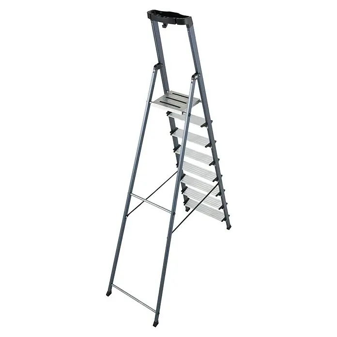 Krause Monto Stufenstehleiter Securo - Aluminium, 8 Stufen, Arbeitshöhe: 3,7 m - Diagonale Ansicht