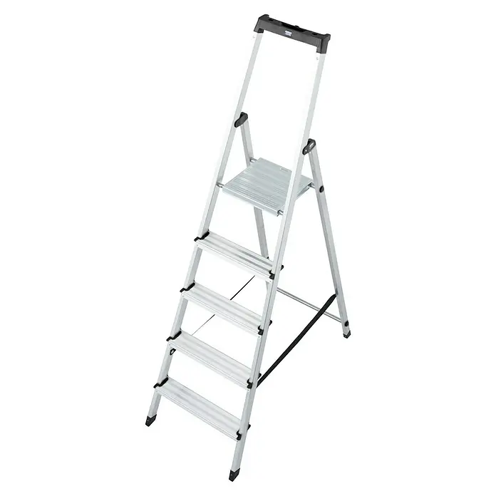 Krause Monto Stufenstehleiter Solidy - Arbeitshöhe: 3,05 m, 5 Stufen, Aluminium, Eimerhaken - Diagonale Ansicht
