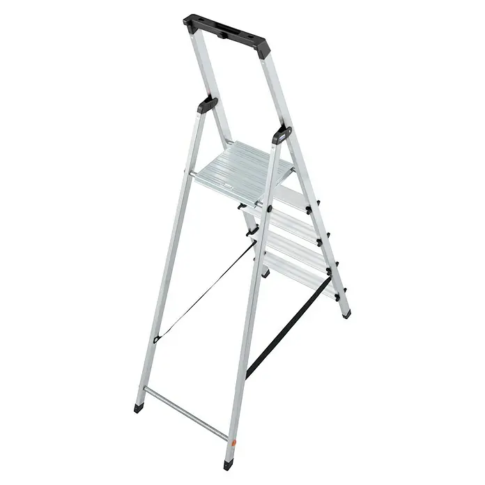Krause Monto Stufenstehleiter Solidy - Arbeitshöhe: 3,05 m, 5 Stufen, Aluminium, Eimerhaken - Diagonale Ansicht