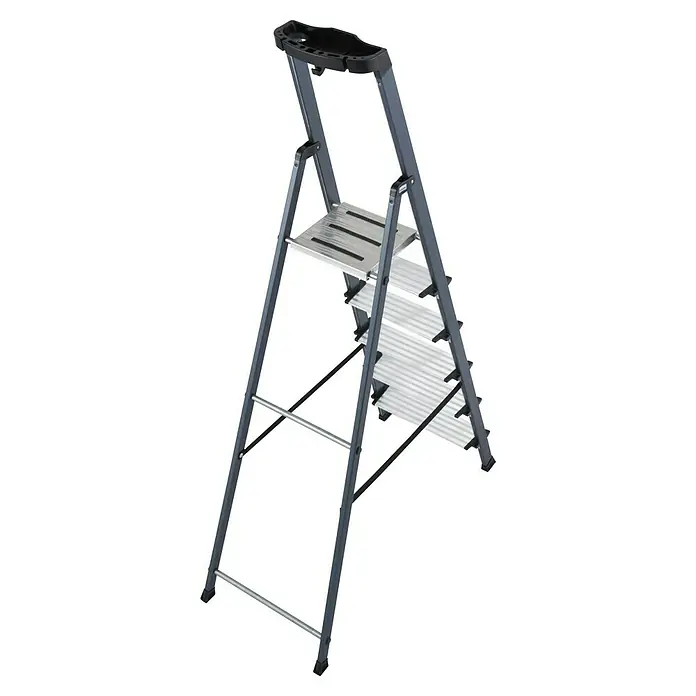 Krause Monto Stufenstehleiter Securo - Aluminium, 6 Stufen, Arbeitshöhe: 3,25 m - Diagonale Ansicht