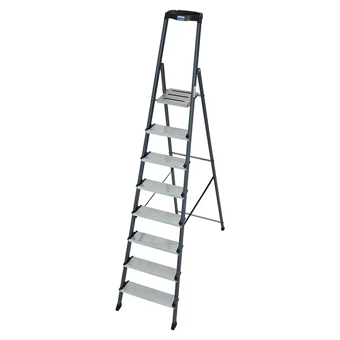 Krause Monto Stufenstehleiter Securo - Aluminium, 8 Stufen, Arbeitshöhe: 3,7 m - Diagonale Ansicht