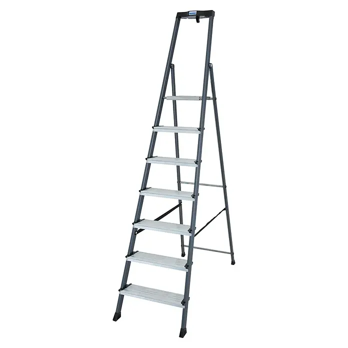 Krause Monto Stufenstehleiter Securo - Aluminium, 7 Stufen, Arbeitshöhe: 3,5 m - Diagonale Ansicht
