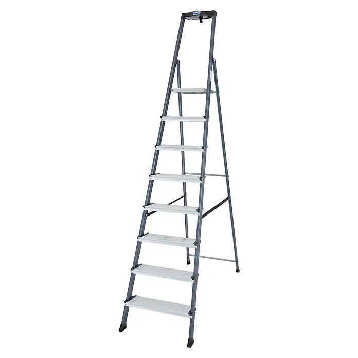 Krause Monto Stufenstehleiter Securo - Aluminium, 8 Stufen, Arbeitshöhe: 3,7 m - Diagonale Ansicht