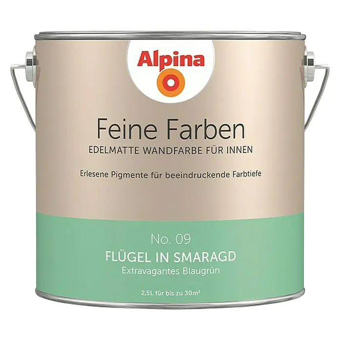 Alpina Wandfarbe Feine Farben - 2,5 l, Flügel in Smaragd, No. 09 - Extravagantes Blaugrün, Matt - Vorderansicht