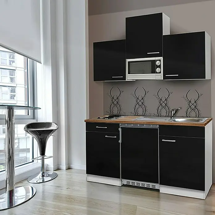 Respekta Singleküche KB150WSMI - Breite: 150 cm, Mit Duo-Kochmulde, Schwarz - Stimmungsaufnahme