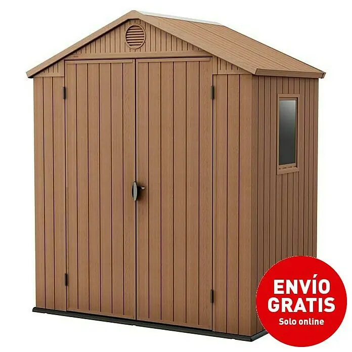 Keter Caseta para jardín Darwin 6x4 - Profundidad exterior incluido el voladizo del techo: 121 cm, Ancho exterior incluido el voladizo del techo: 190 cm, Espesor de pared: 16 mm, Marrón - Imagen de campaña
