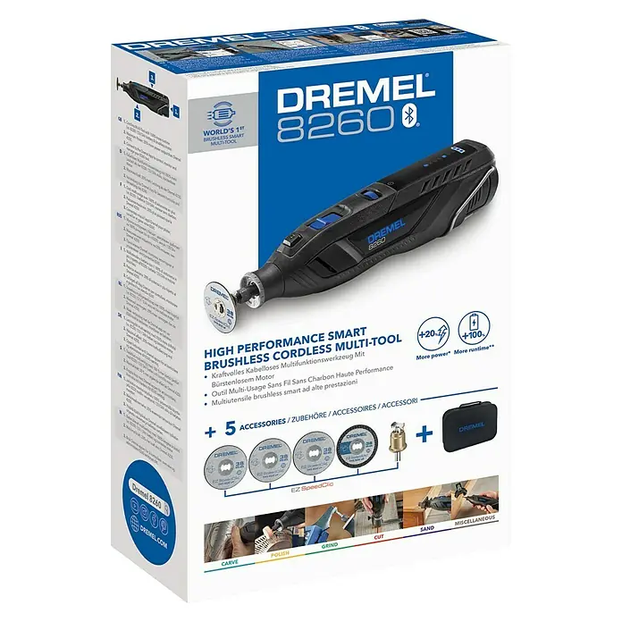 Dremel Akku-Multifunktionswerkzeug 8260-5 - 12 V, 1 Akku, 3 Ah, Leerlaufdrehzahl: 5.000 U/min - 30.000 U/min - Diagonale Ansicht