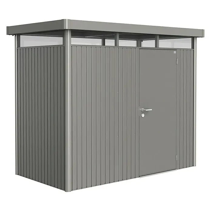 Biohort Gerätehaus HighLine H1 ST - Außenbreite inkl. Dachüberstand: 275 cm, Außentiefe inkl. Dachüberstand: 155 cm, Stahl, Quarzgrau Metallic, Einzeltür - Vorderansicht