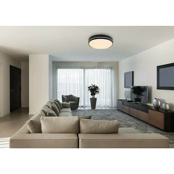 Globo LED-Deckenleuchte rund MANNI - 40 W, Ø x H: 485 mm x 8 cm, Schwarz, Warmweiß - Stimmungsaufnahme