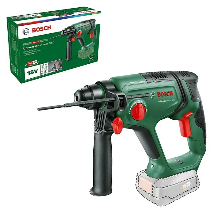 Bosch 18 V Power for All Akku-Bohrhammer UniversalHammer 18V - 18 V, Ohne Akku, Leerlaufdrehzahl: 0 U/min - 2.000 U/min, Einzelschlagstärke: 2 J - Diagonale Ansicht