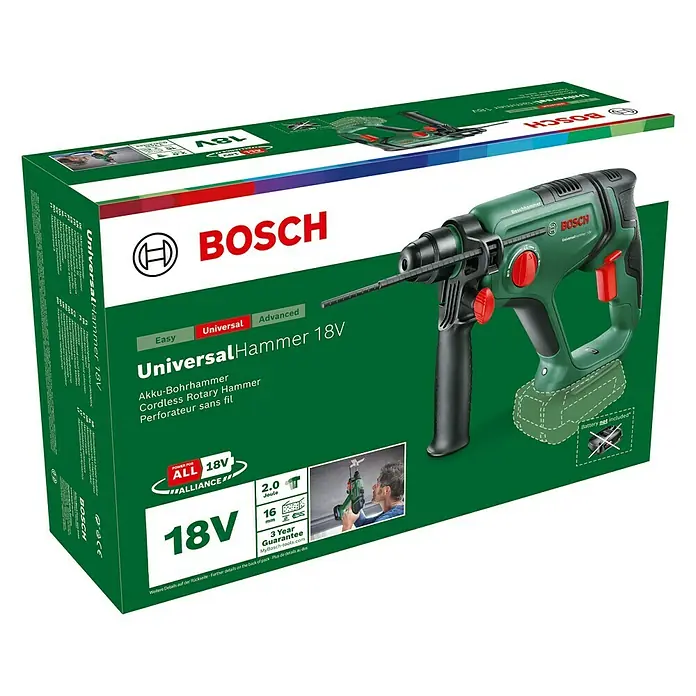 Bosch 18 V Power for All Akku-Bohrhammer UniversalHammer 18V - 18 V, Ohne Akku, Leerlaufdrehzahl: 0 U/min - 2.000 U/min, Einzelschlagstärke: 2 J - Diagonale Ansicht
