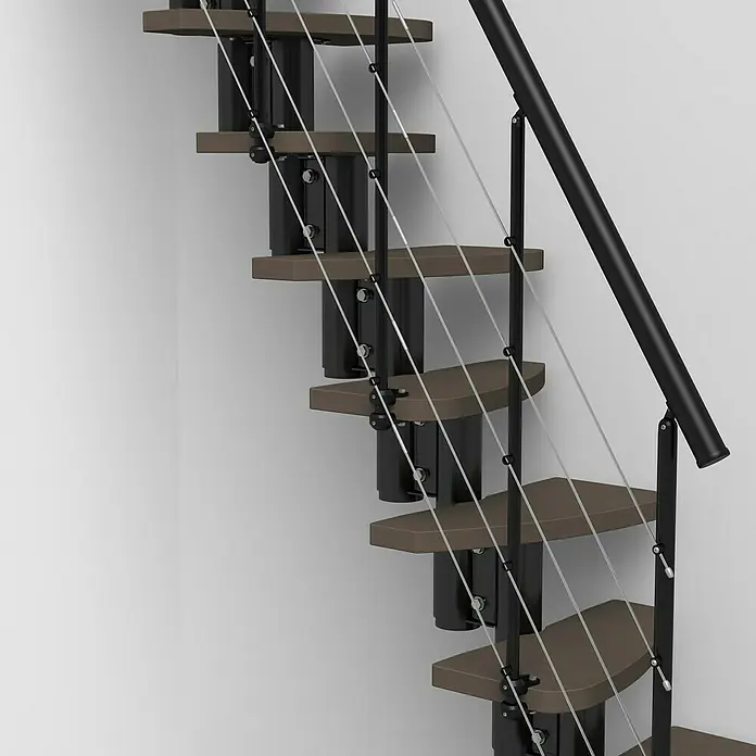 Fontanot Raumspartreppe Zen 2 Tube - Breite: 61 cm, Schwarz, Anzahl Steigungen: 13 Stk., Farbe Stufen: Birke Ulme Dunkel, Geschosshöhe: 250 cm - 304 cm - Linke Seitenansicht