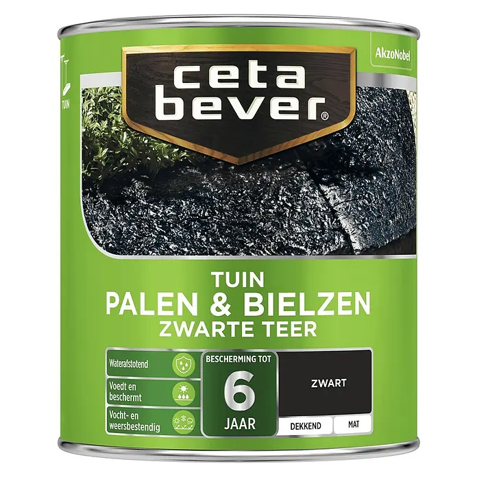 Cetabever Buitenbeits Palen & Bielzen - Zwarte teer, Inhoud: 750 ml, Zijdeglans - Vooraanzicht