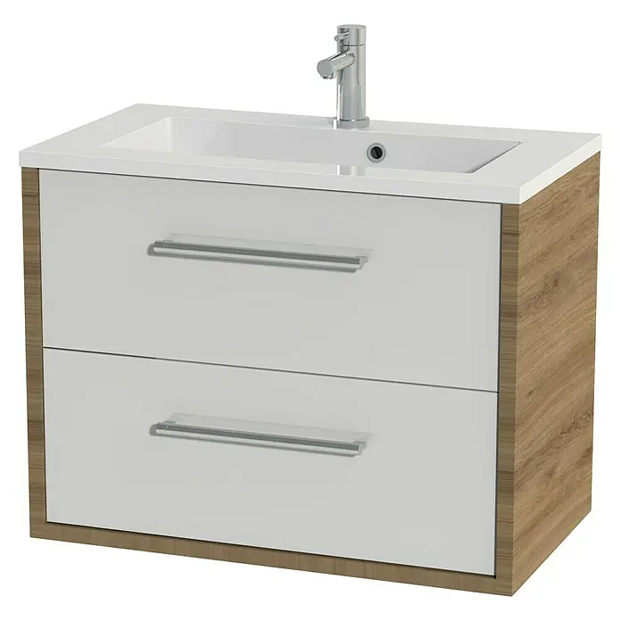 Tiger Boston Wastafelonderkast - l x b x h: 45 x 79,7 x 60 cm, Hoogglans Wit, Chalet Eiken - Diagonaal zicht
