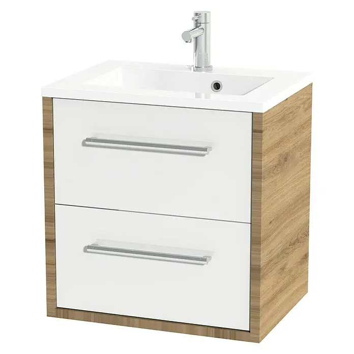 Tiger Boston Wastafelonderkast - l x b x h: 45 x 59,7 x 60 cm, Hoogglans Wit, Chalet Eiken - Diagonaal zicht
