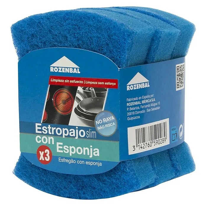 Rozenbal Estropajos con esponja ergonómica - 10,5 x 8,5 x 3,25 cm, 3 uds., Azul - Vista angular