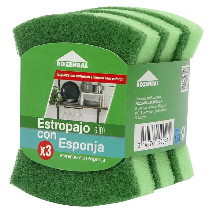 Rozenbal Estropajos con esponja ergonómica - 10,5 x 8,5 x 3,25 cm, 3 uds., Verde - Vista angular