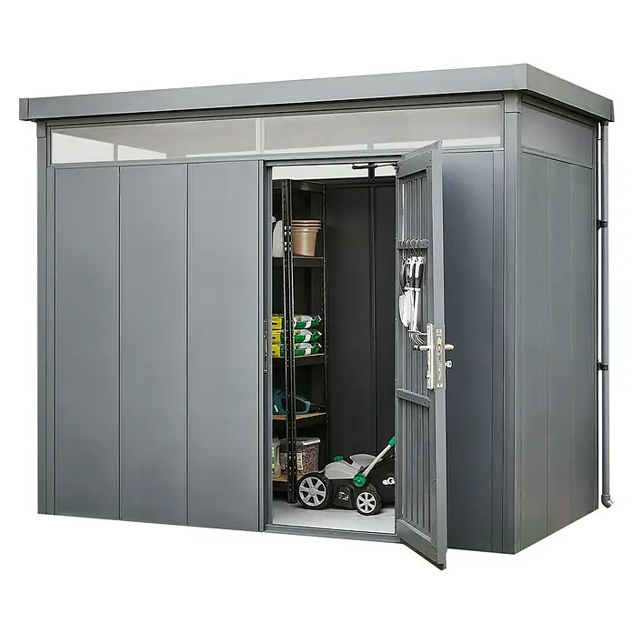 Gardol Gerätehaus Pure Line - Außenbreite inkl. Dachüberstand: 274 cm, Außentiefe inkl. Dachüberstand: 154 cm, Metall, Anthrazit - Diagonale Ansicht