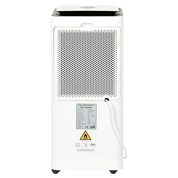 Proklima Luftentfeuchter - 400 W, Entfeuchtungsleistung: 20 l/Tag, L x B x H: 26,2 x 26,2 x 59 cm, Rollen - Rückansicht