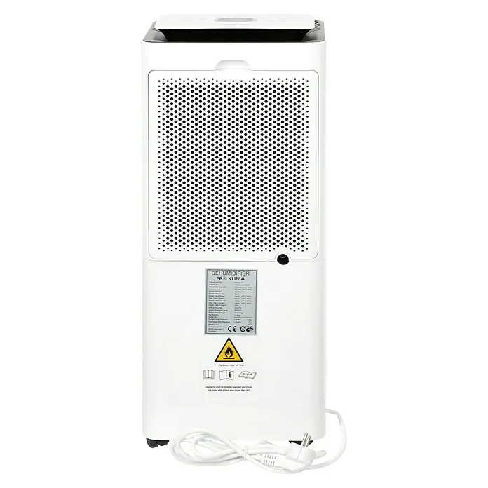 Proklima Luftentfeuchter - 400 W, Entfeuchtungsleistung: 20 l/Tag, L x B x H: 26,2 x 26,2 x 59 cm, Rollen - Rückansicht