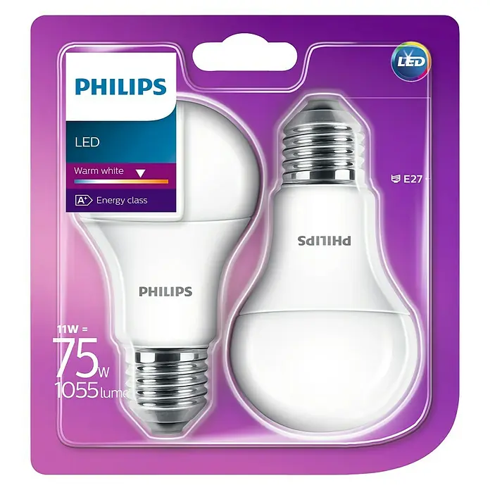 Philips Bombilla LED - 2 uds., E27, 11 W, Color de luz: Blanco cálido, No regulable